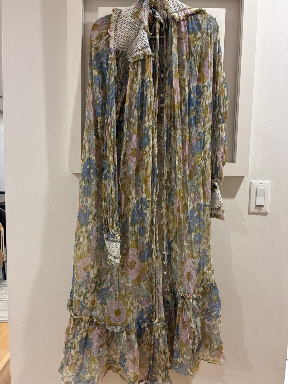Zimmermann Floral Long Sleeve Maxi Dress in Olive and Blue - with rips